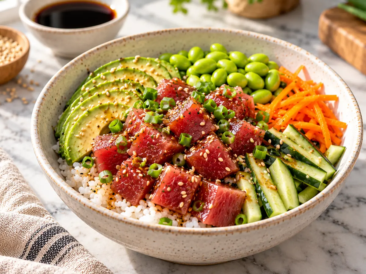 Ahi tuna poke bowl with fresh tuna, avocado, cucumber, edamame, and sesame rice