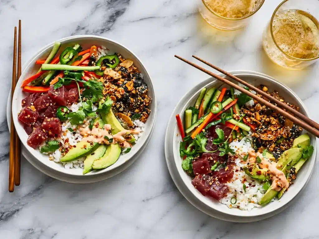 Ahi Tuna Poke: Easy and Flavorful Homemade Recipe 5 Two fresh tuna poke bowls with rice, avocado, cucumber, and edamame served on a marble countertop