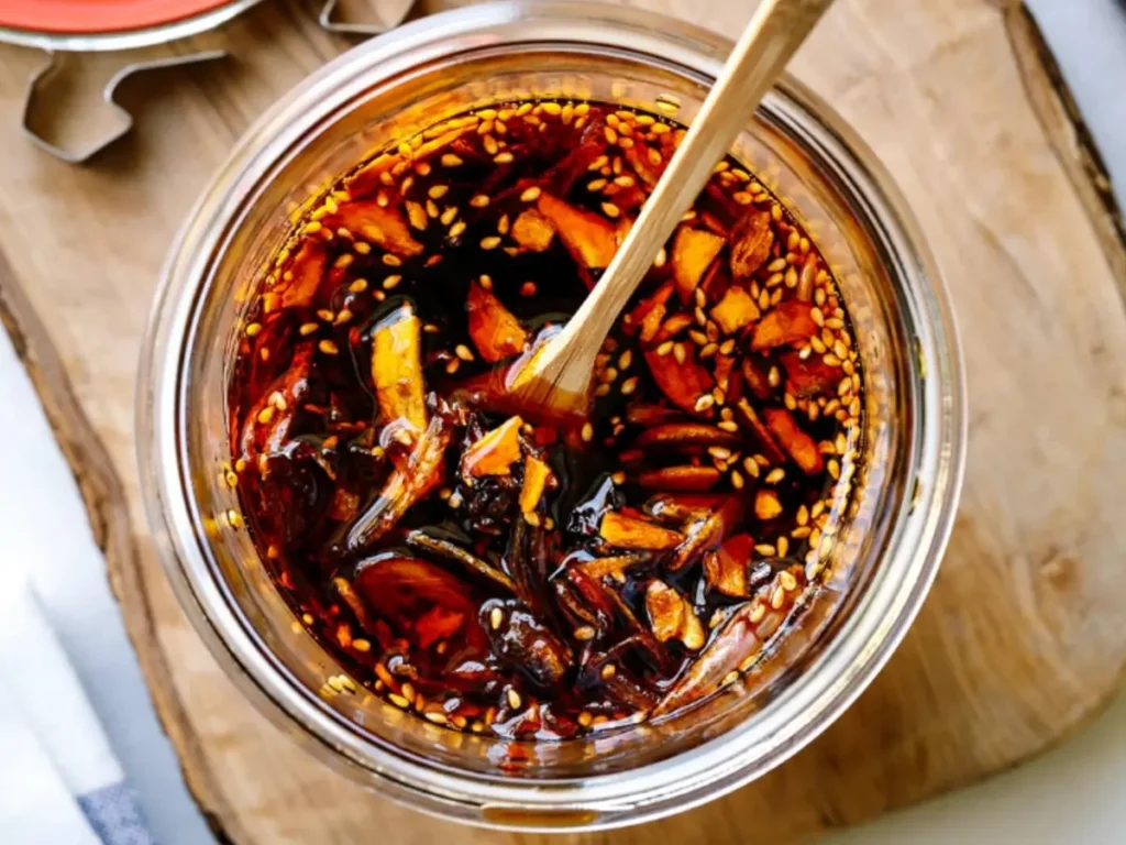 Homemade chili oil crunch in a glass jar with crispy garlic, shallots, and sesame seeds