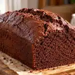 Homemade chocolate pound cake loaf with a rich cocoa crust and tender chocolate crumb on a rustic wooden board.
