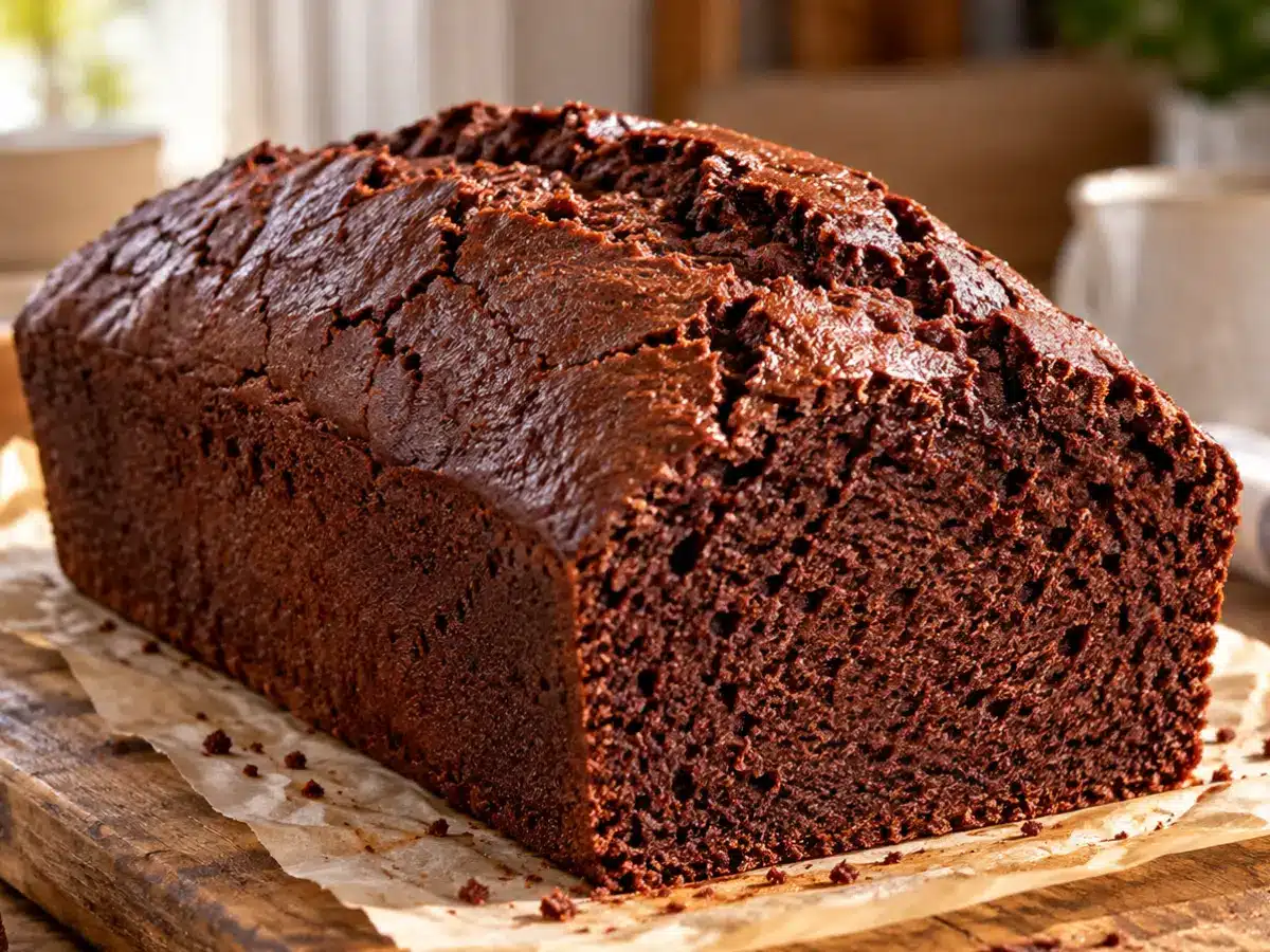 Homemade chocolate pound cake loaf with a rich cocoa crust and tender chocolate crumb on a rustic wooden board.