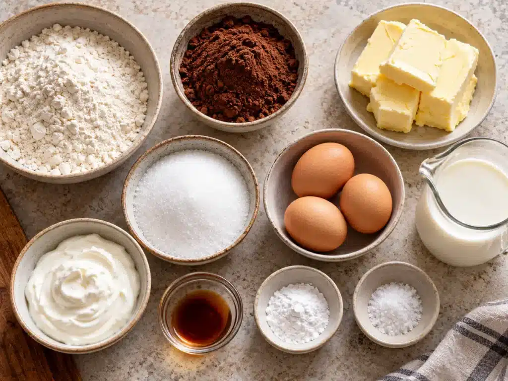 Flour, cocoa powder, butter, sugar, eggs, sour cream, milk, vanilla, baking powder, and salt arranged for chocolate pound cake.