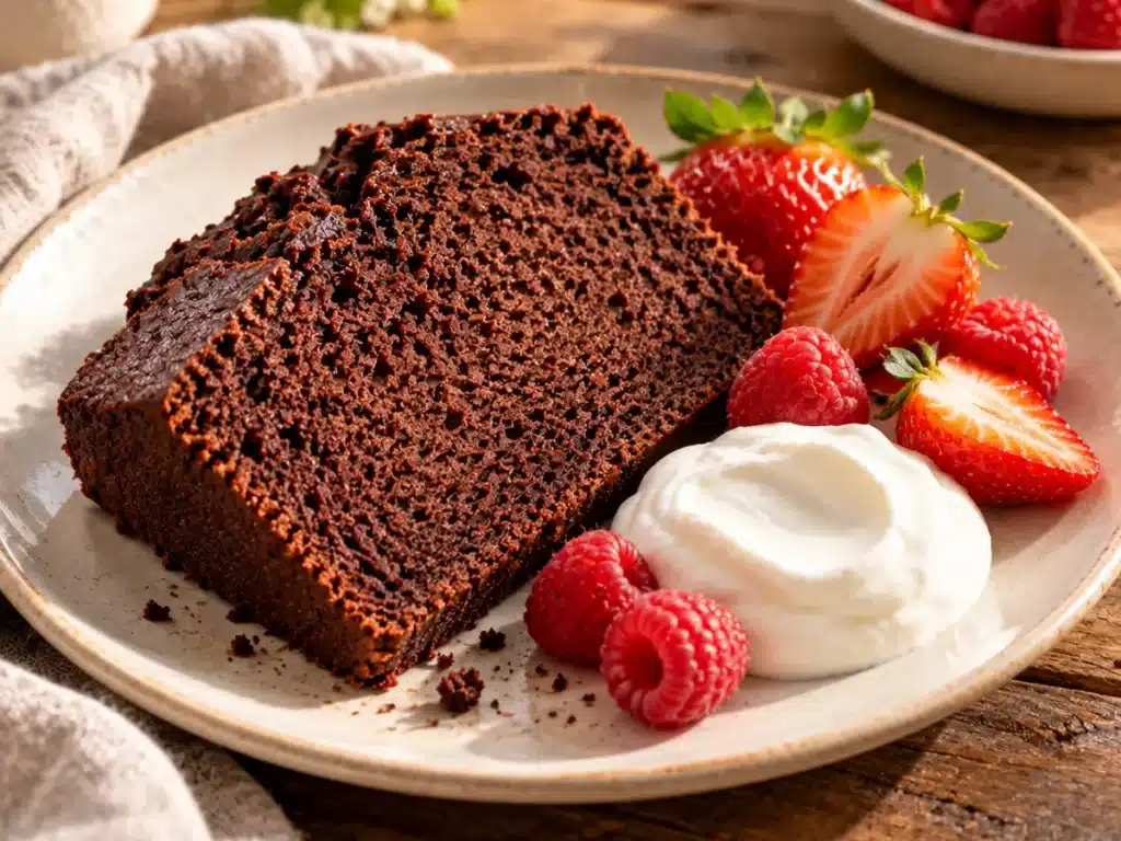 A slice of homemade chocolate pound cake served with fresh strawberries, raspberries, and a spoonful of Greek yogurt.