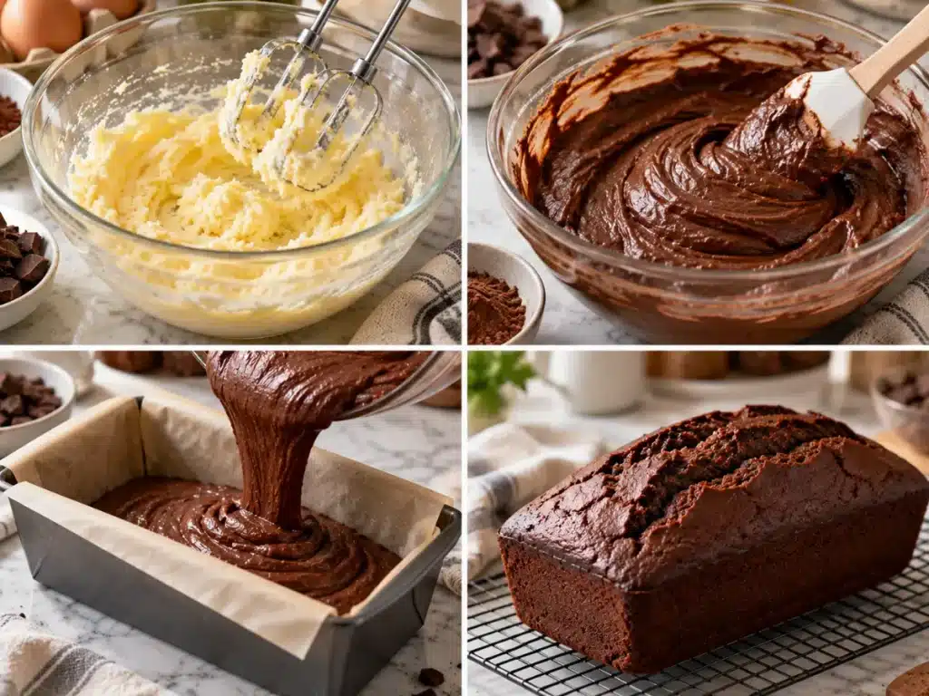 Four stages of preparing chocolate pound cake, including mixing batter, filling the loaf pan, and baking the cake.