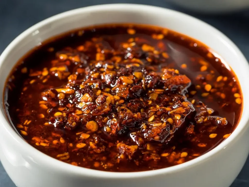 Finished crispy chili oil with golden garlic, fried shallots, and red chili flakes