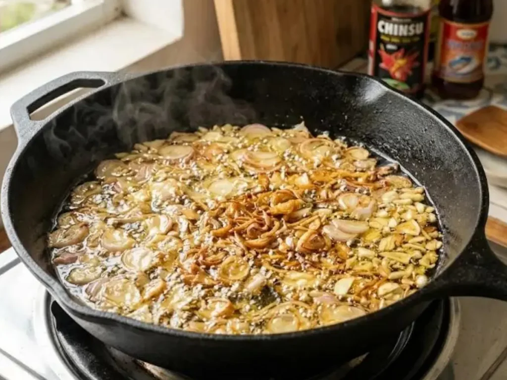 Thinly sliced shallots frying in hot oil until golden and crispy