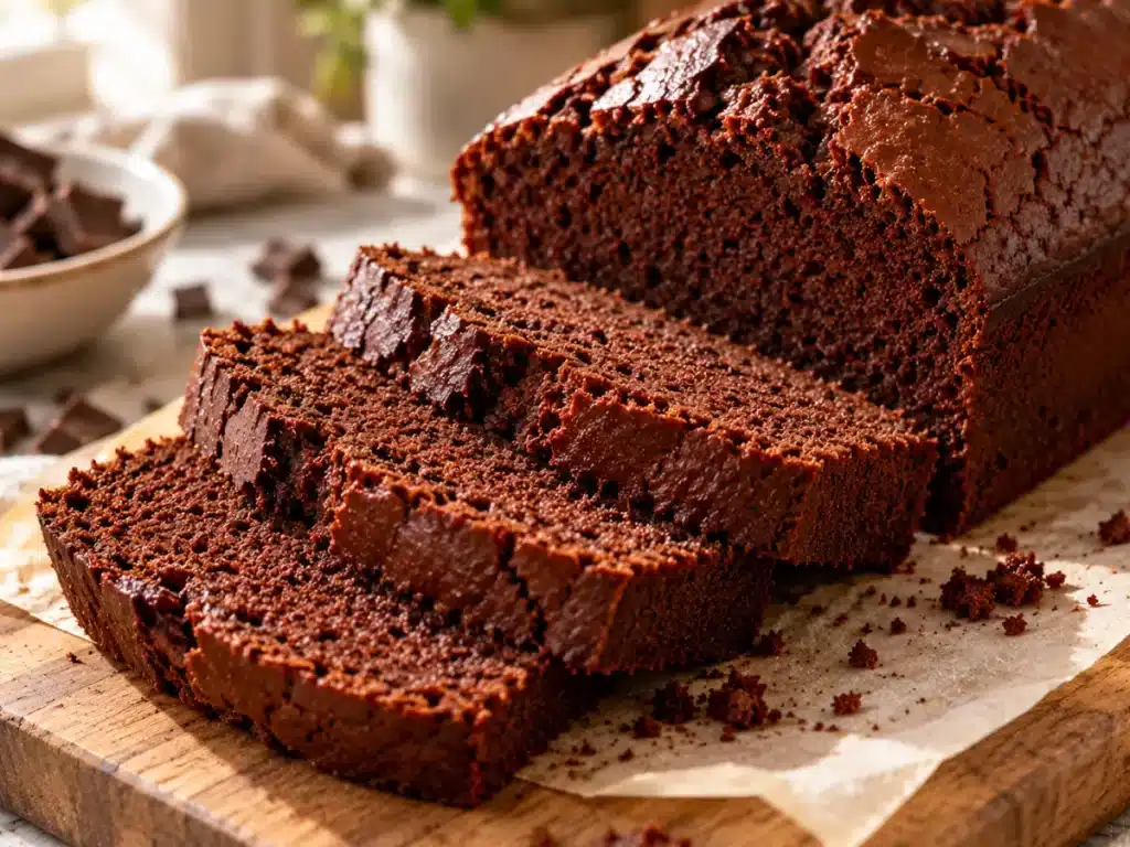 Thick slices of moist chocolate pound cake revealing a soft, rich cocoa crumb and naturally baked crust.