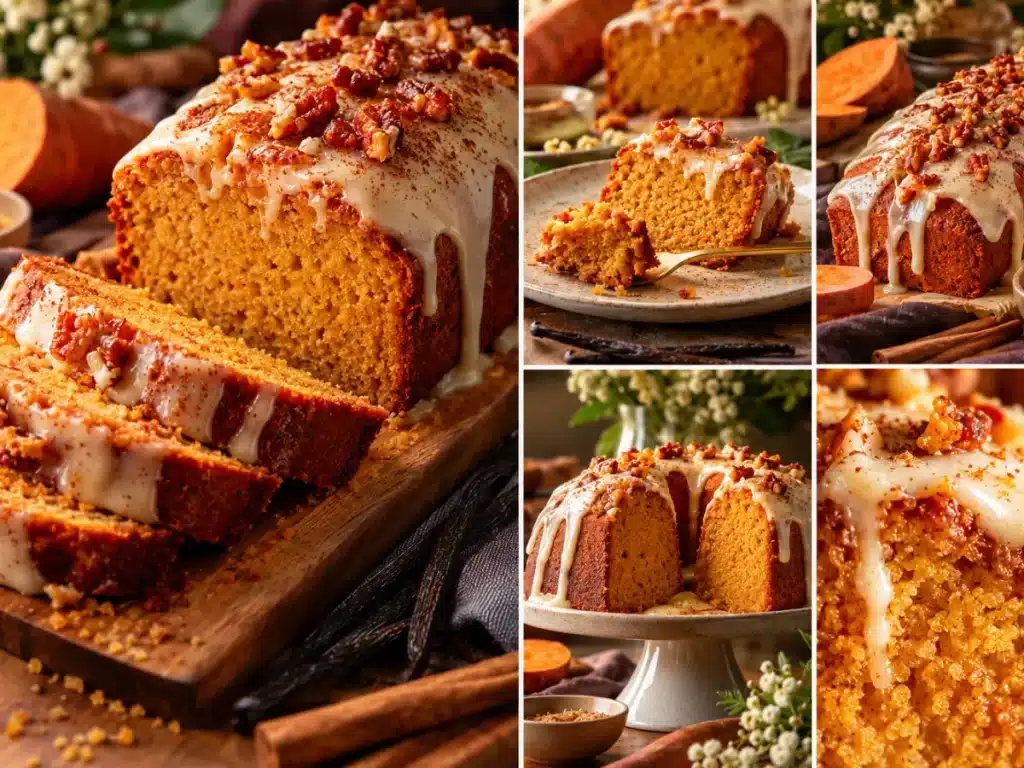 Close-up collage of moist sweet potato pound cake with golden orange crumb, creamy vanilla glaze, and chopped pecans.