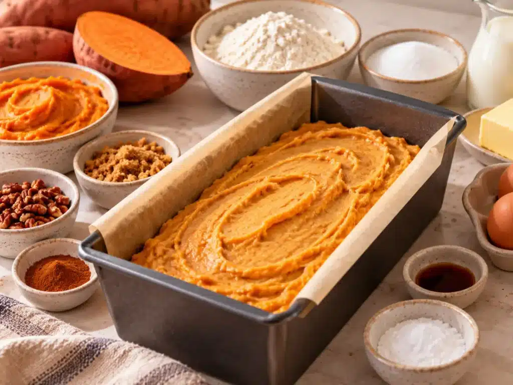 Thick orange sweet potato pound cake batter spread evenly inside a parchment lined rectangular loaf pan.