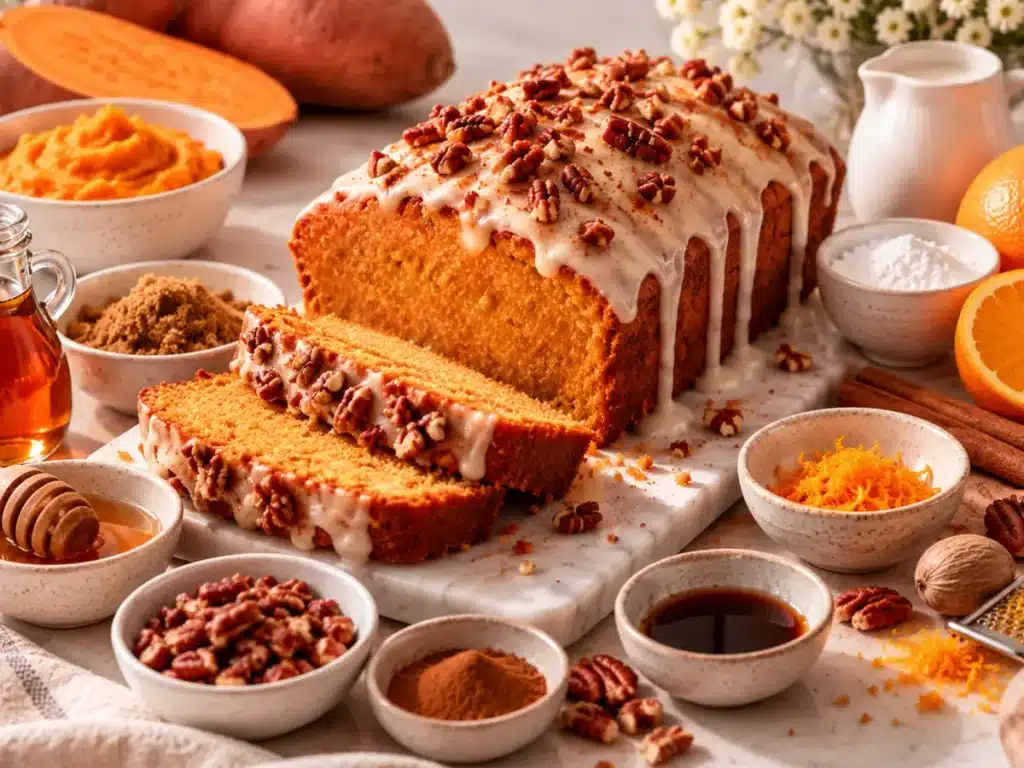 Sweet potato pound cake with vanilla glaze and pecans surrounded by brown sugar, cinnamon, orange zest, and maple syrup.