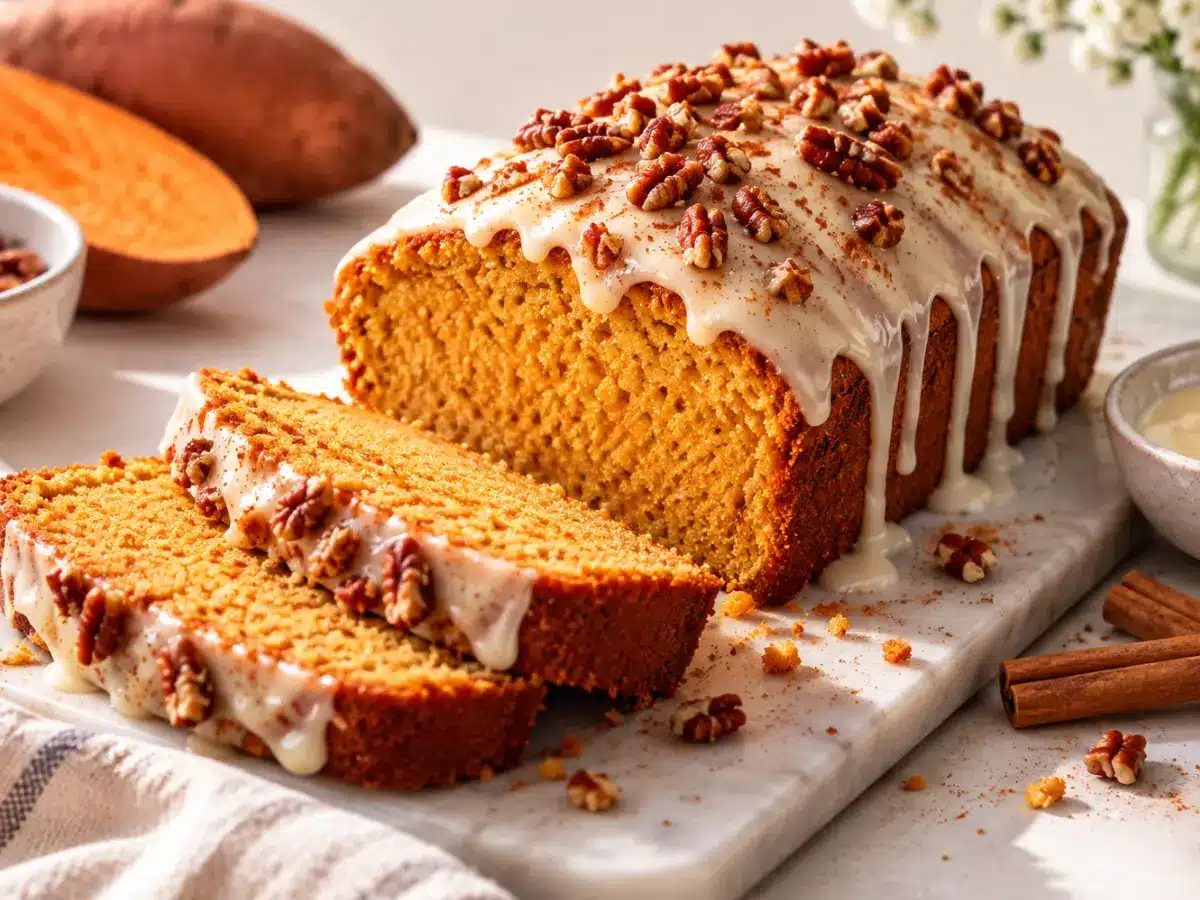 Moist sweet potato pound cake baked in a rectangular loaf pan, topped with vanilla glaze and chopped pecans.