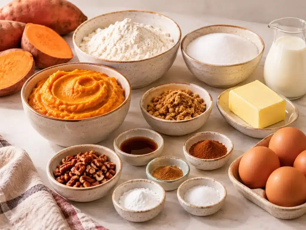 Ingredients for sweet potato pound cake including sweet potato puree, flour, butter, eggs, sugar, milk, vanilla, and spices.