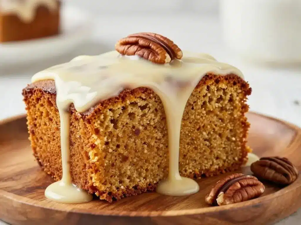 Thick slice of sweet potato pound cake topped with creamy vanilla glaze and pecans on a ceramic dessert plate.